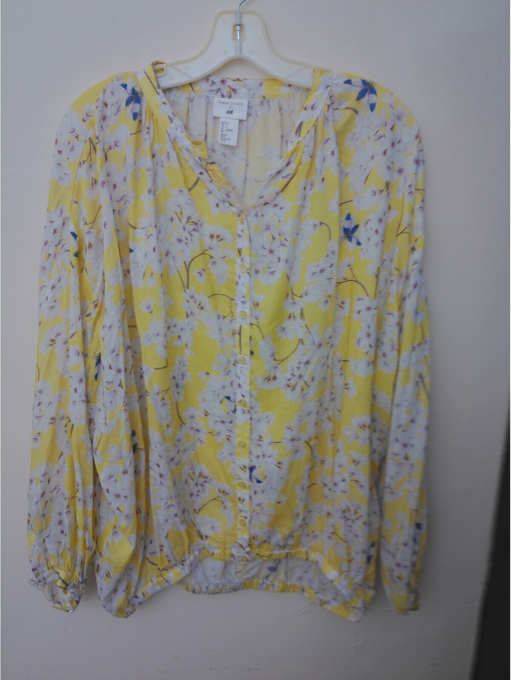 Anna Glover x H&M Womens Blouse Size 6 Yellow Floral Bird Print Long Sleeve